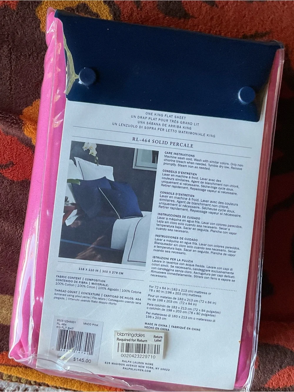Ralph Lauren RL 464 Solid Percale Monaco Pink KING Flat Sheet-New In Package